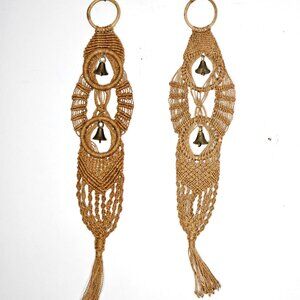 Set of 2 Handcrafted Macrame Wall brass bell beachy boho-chic rustic wall hang